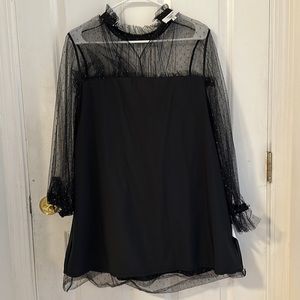 Adam Lippes Collective Black Tulle Mini Dress - Sheer Black Ruffles Gold Dots